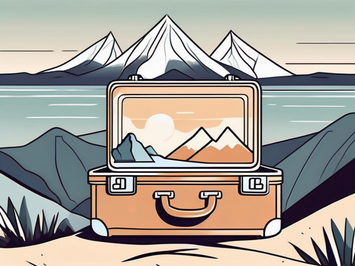 A suitcase on a scenic landscape such as a mountain peak or a beach