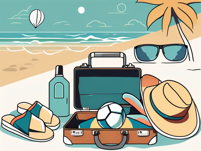 A packed suitcase with various vacation essentials such as a beach ball