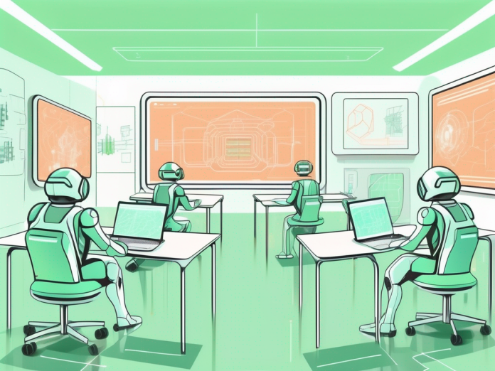 A futuristic classroom with advanced technology like holographic screens