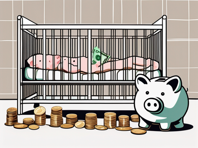 A baby crib filled with coins and banknotes