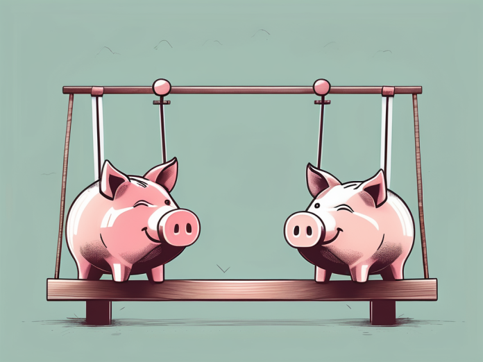 Two piggy banks sitting together on a seesaw