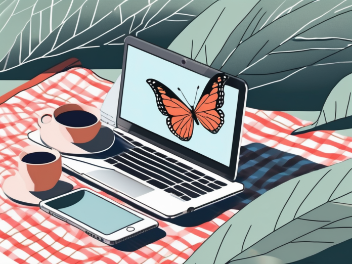 A serene nature scene with a smartphone and laptop lying idle on a picnic blanket