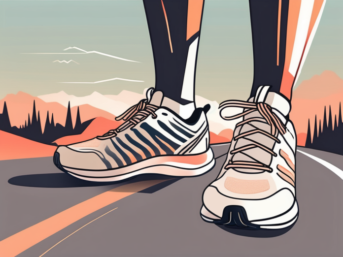 A pair of running shoes on a trail at sunrise