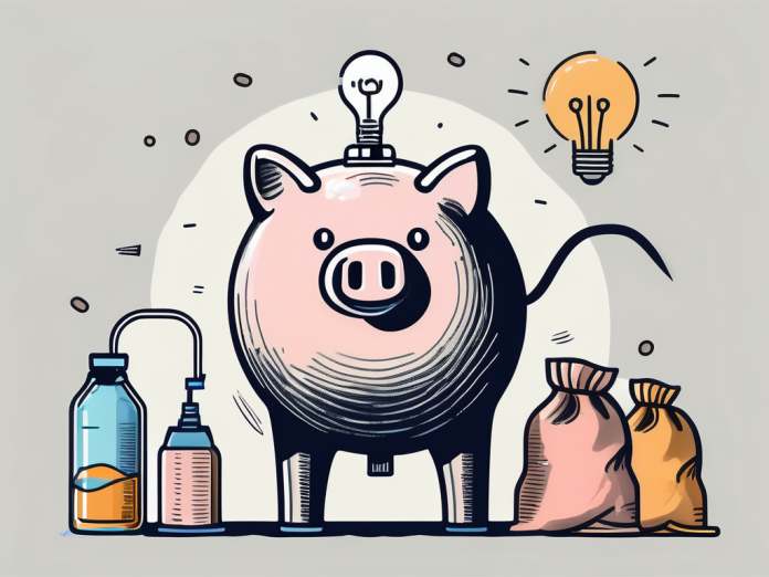 A piggy bank surrounded by everyday items like a grocery bag