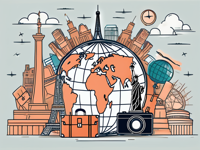 A globe surrounded by travel essentials like a passport