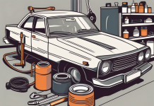 Essential Car Maintenance Tips for First-Time Owners A new car in a garage with various car maintenance tools like a wrench