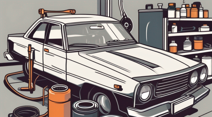 Essential Car Maintenance Tips for First-Time Owners A new car in a garage with various car maintenance tools like a wrench