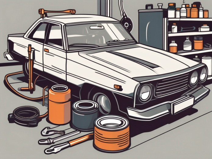 A new car in a garage with various car maintenance tools like a wrench