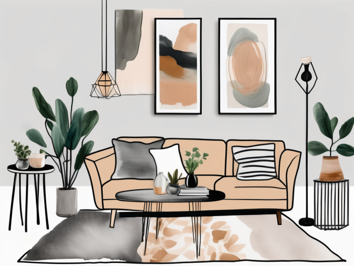 A living room transformed with various diy home decor projects such as a painted vase on a coffee table