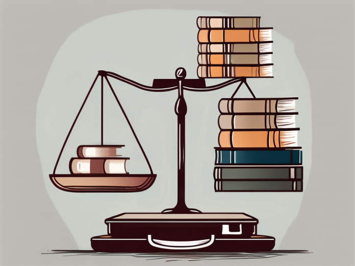 A balanced scale with books on one side and a briefcase on the other