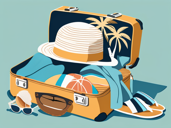 A neatly packed suitcase filled with beach essentials such as a sun hat