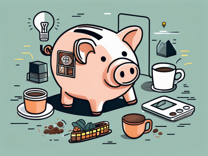 A piggy bank sitting on a table surrounded by smaller illustrations of everyday items like a coffee cup