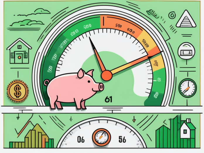 A credit score meter in the green zone with arrows pointing upwards