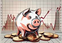 Getting Started with Stock Market Investments on a Tight Budget A piggy bank sitting on a pile of coins and stock market graphs in the background