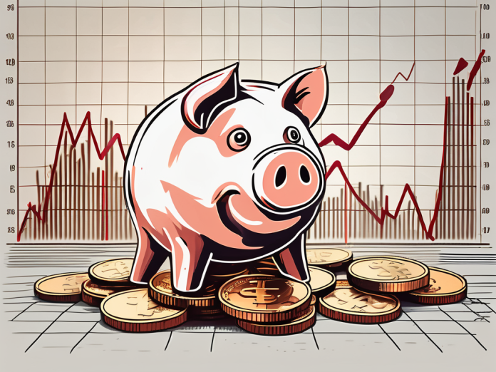 A piggy bank sitting on a pile of coins and stock market graphs in the background