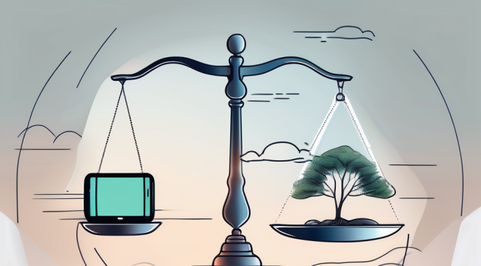 Mindful Technology Use: Finding Digital Balance in a Connected World A balanced scale with a smartphone on one side and a serene nature scene on the other