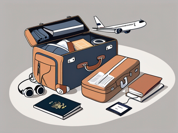 A suitcase open with travel essentials like passport