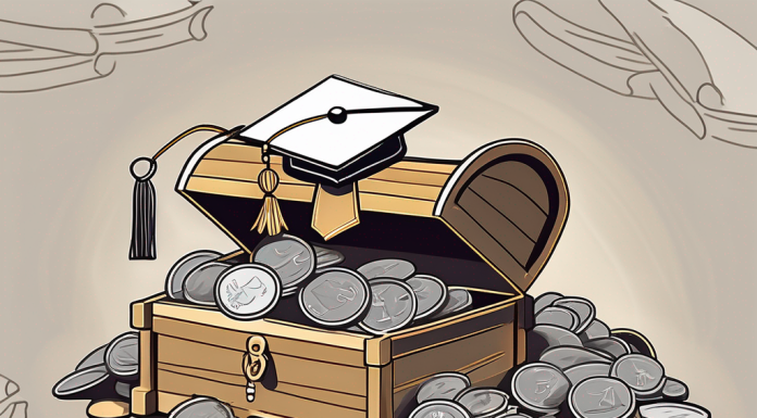 Scholarships and Grants: Finding Free Money for College A pile of coins and a graduation cap next to a treasure chest overflowing with scrolls