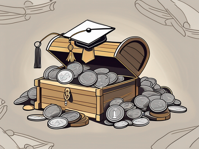 A pile of coins and a graduation cap next to a treasure chest overflowing with scrolls