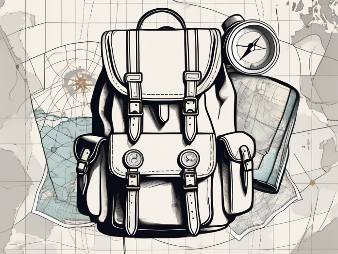 A backpack adorned with various travel essentials like a map